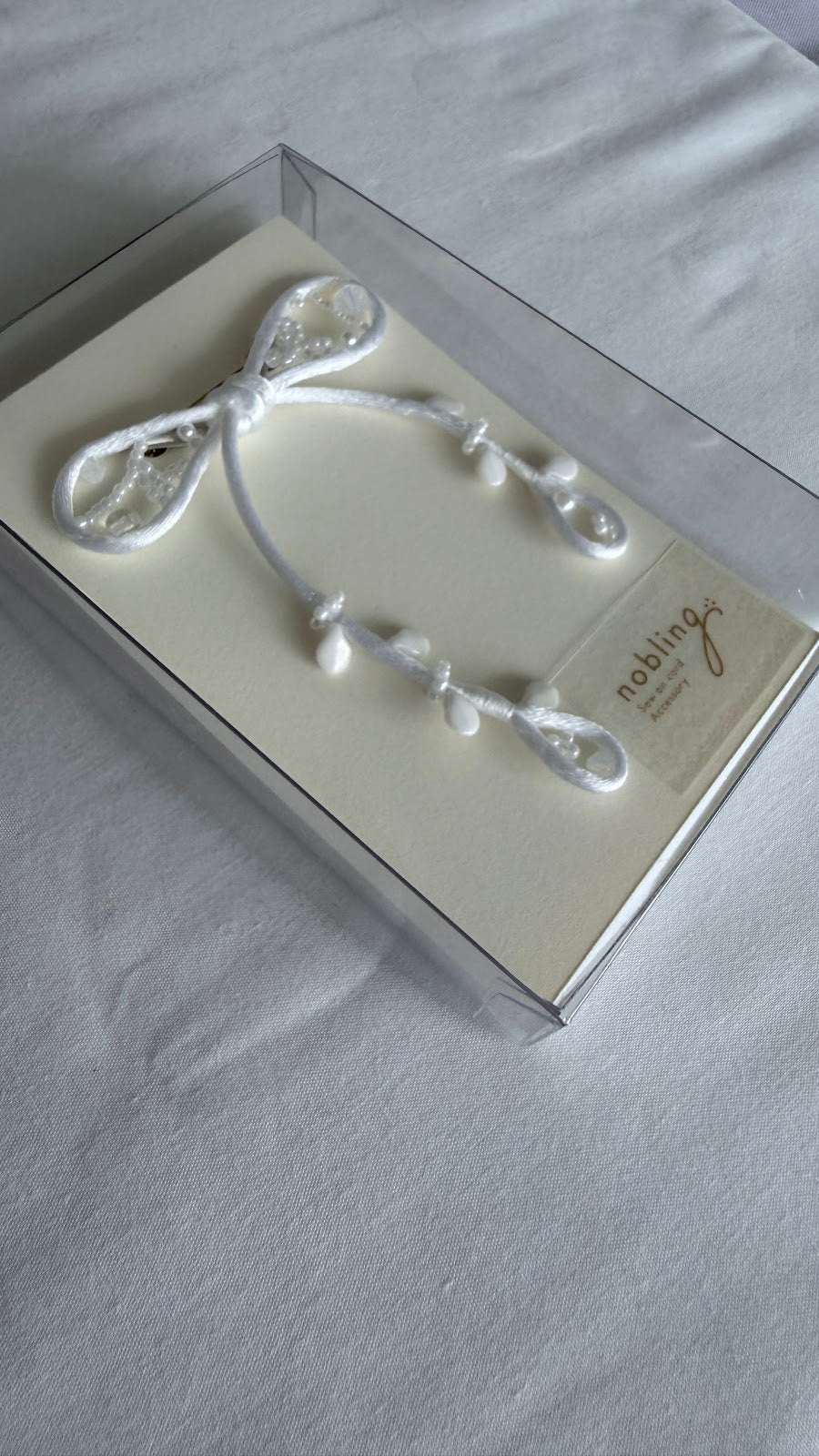White Ribbon Brooch with Beads, Statement Bow Pin for Jacket or Dress, Handmade Japanese Jewelry 【Doi White】