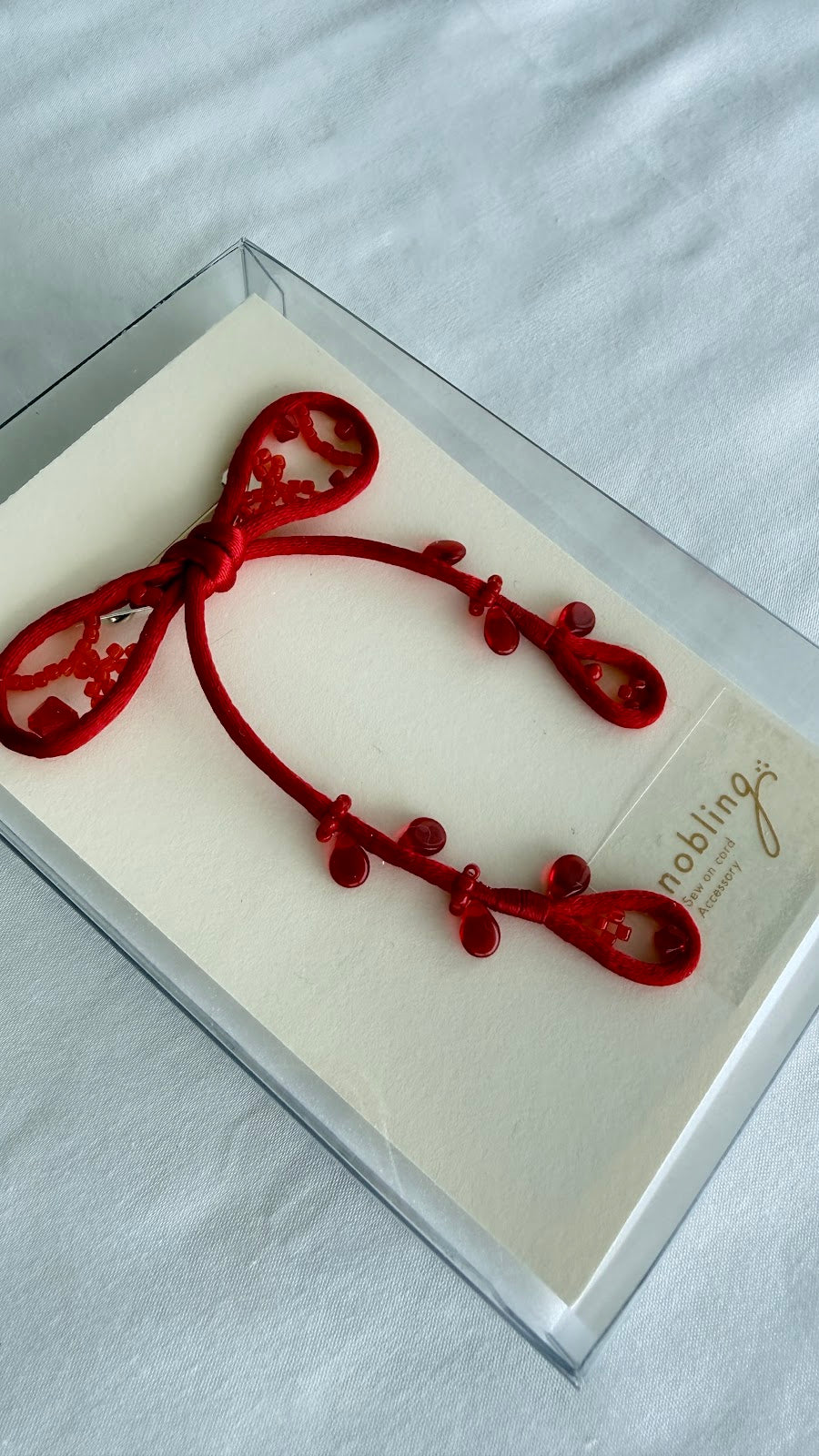 Red Ribbon Brooch with Beads, Statement Bow Pin for Jacket or Dress, Handmade Japanese Jewelry 【Doi Red】