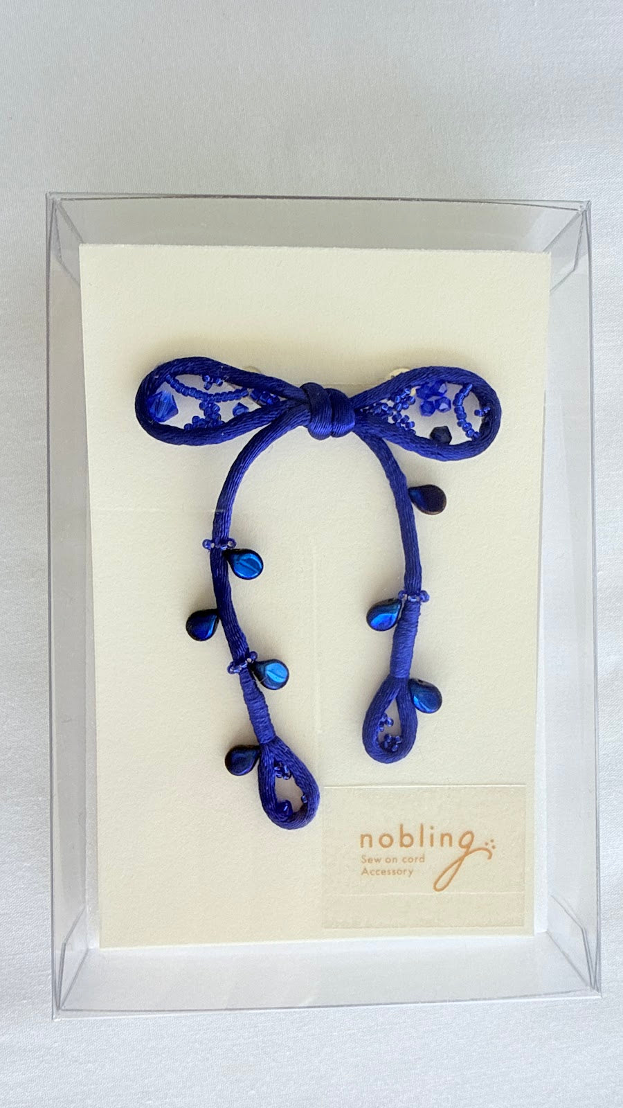 Royal Blue Ribbon Brooch with Beads, Statement Bow Pin for Jacket or Dress, Handmade Japanese Jewelry 【Hayata Royal Blue】
