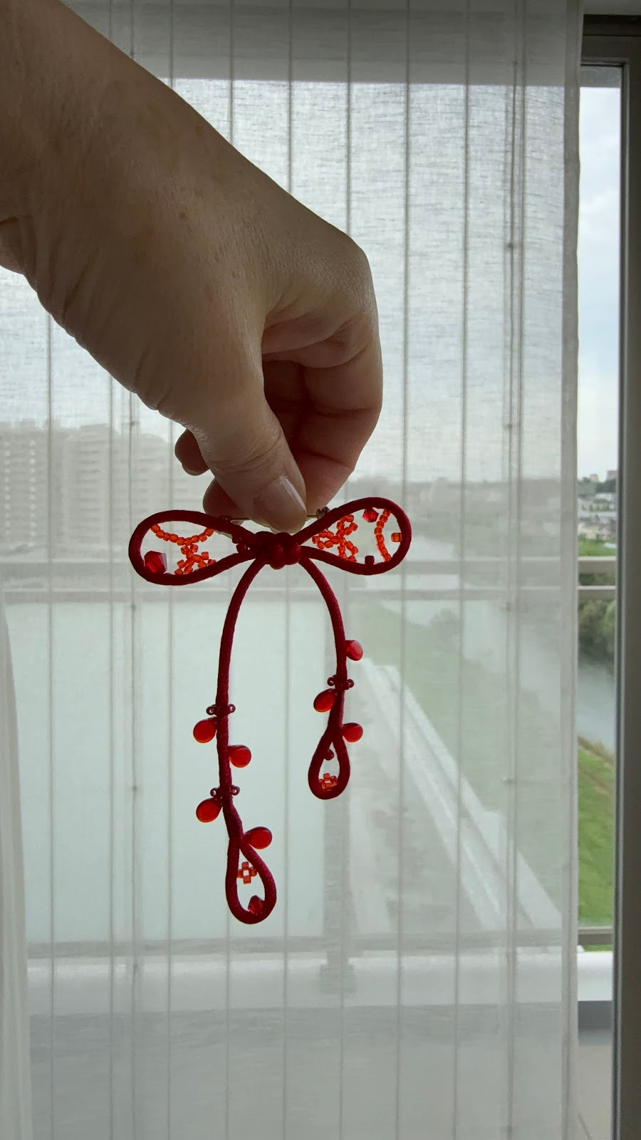 Red Ribbon Brooch with Beads, Statement Bow Pin for Jacket or Dress, Handmade Japanese Jewelry 【Doi Red】