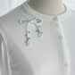 White Ribbon Brooch with Beads, Statement Bow Pin for Jacket or Dress, Handmade Japanese Jewelry 【Oikawa White】