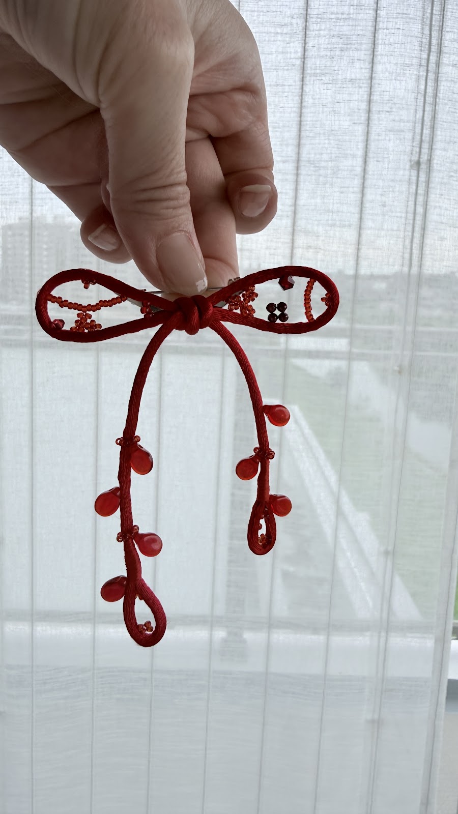 Red Ribbon Brooch with Beads, Statement Bow Pin for Jacket or Dress, Handmade Japanese Jewelry 【Ueda Red】