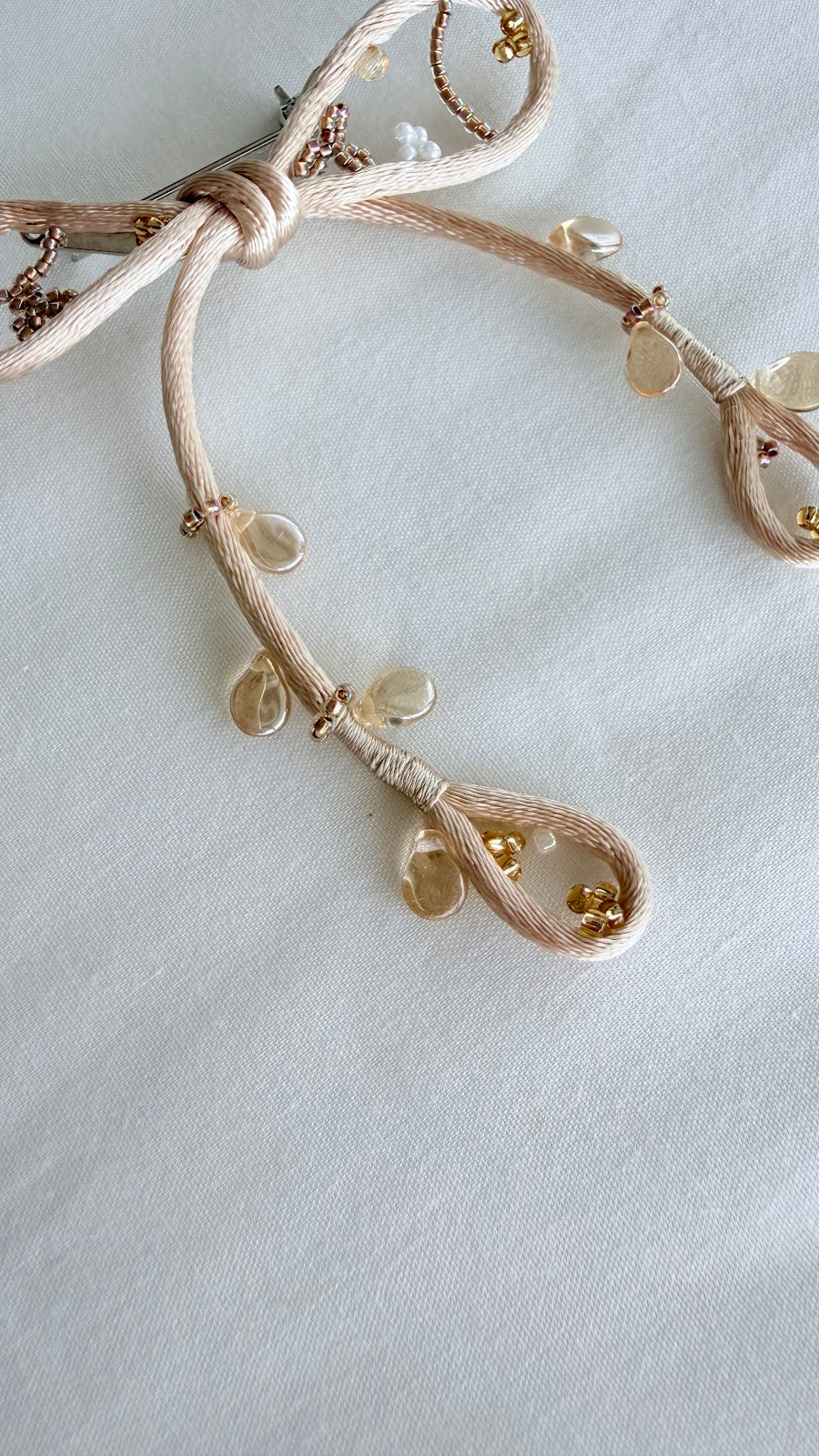 Ivory Ribbon Brooch with Beads, Statement Bow Pin for Jacket or Dress, Handmade Japanese Jewelry 【Hishinuma Ivory】