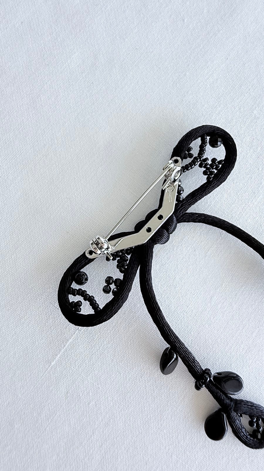 Black Ribbon Brooch with Beads, Statement Bow Pin for Jacket or Dress, Handmade Japanese Jewelry 【Matsusita Black】