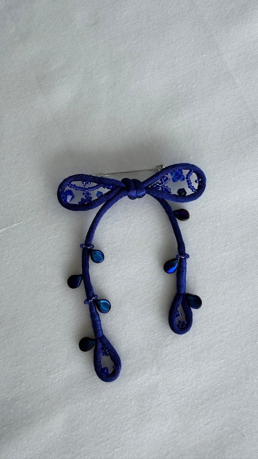 Royal Blue Ribbon Brooch with Beads, Statement Bow Pin for Jacket or Dress, Handmade Japanese Jewelry 【Hayata Royal Blue】