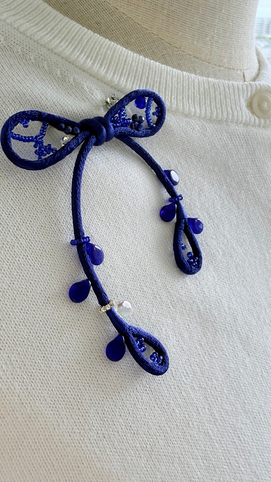 Royal Blue Ribbon Brooch with Beads, Statement Bow Pin for Jacket or Dress, Handmade Japanese Jewelry 【Matsusita Royal Blue】