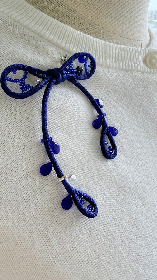 Royal Blue Ribbon Brooch with Beads, Statement Bow Pin for Jacket or Dress, Handmade Japanese Jewelry 【Matsusita Royal Blue】