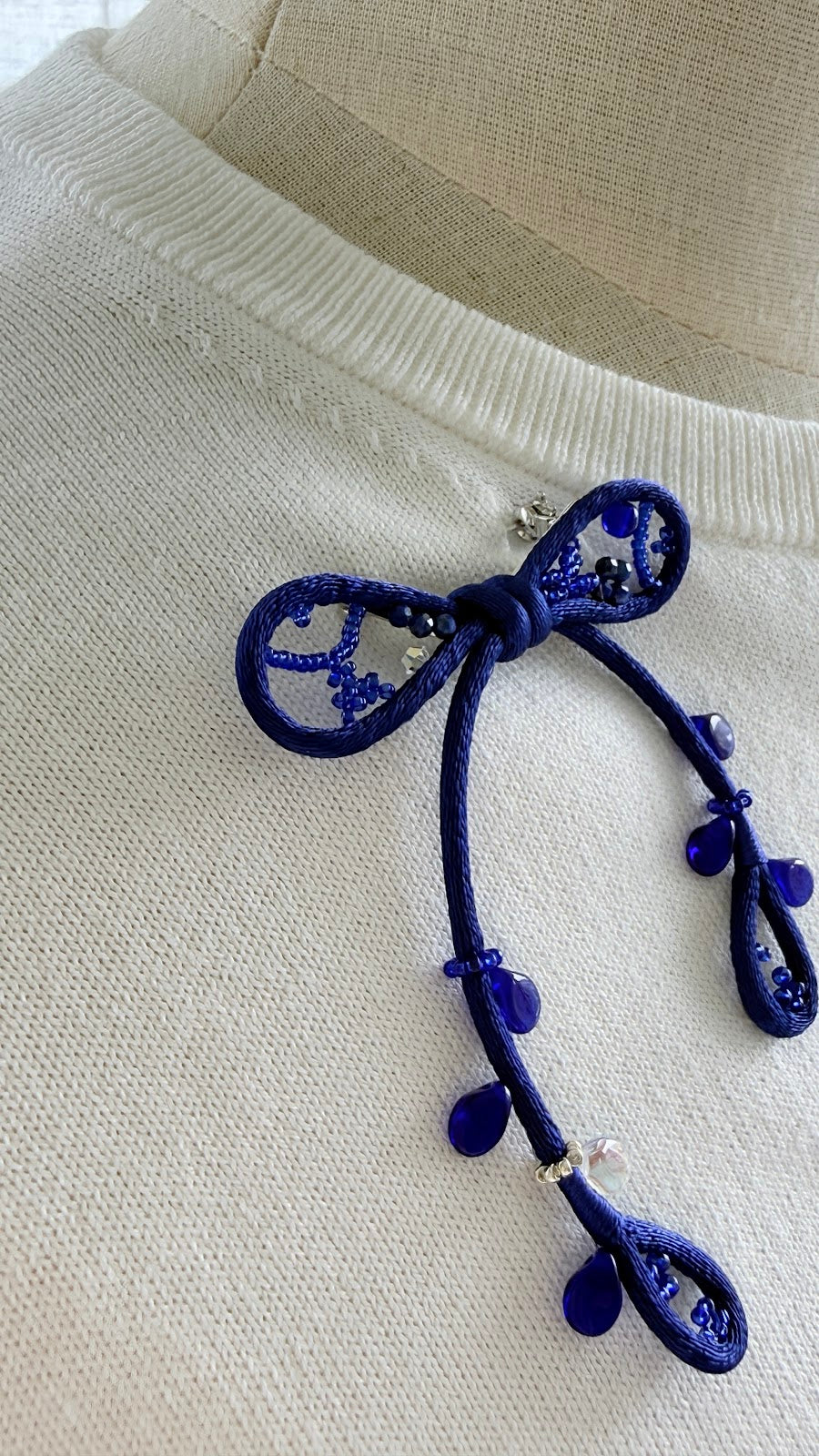 Royal Blue Ribbon Brooch with Beads, Statement Bow Pin for Jacket or Dress, Handmade Japanese Jewelry 【Matsusita Royal Blue】