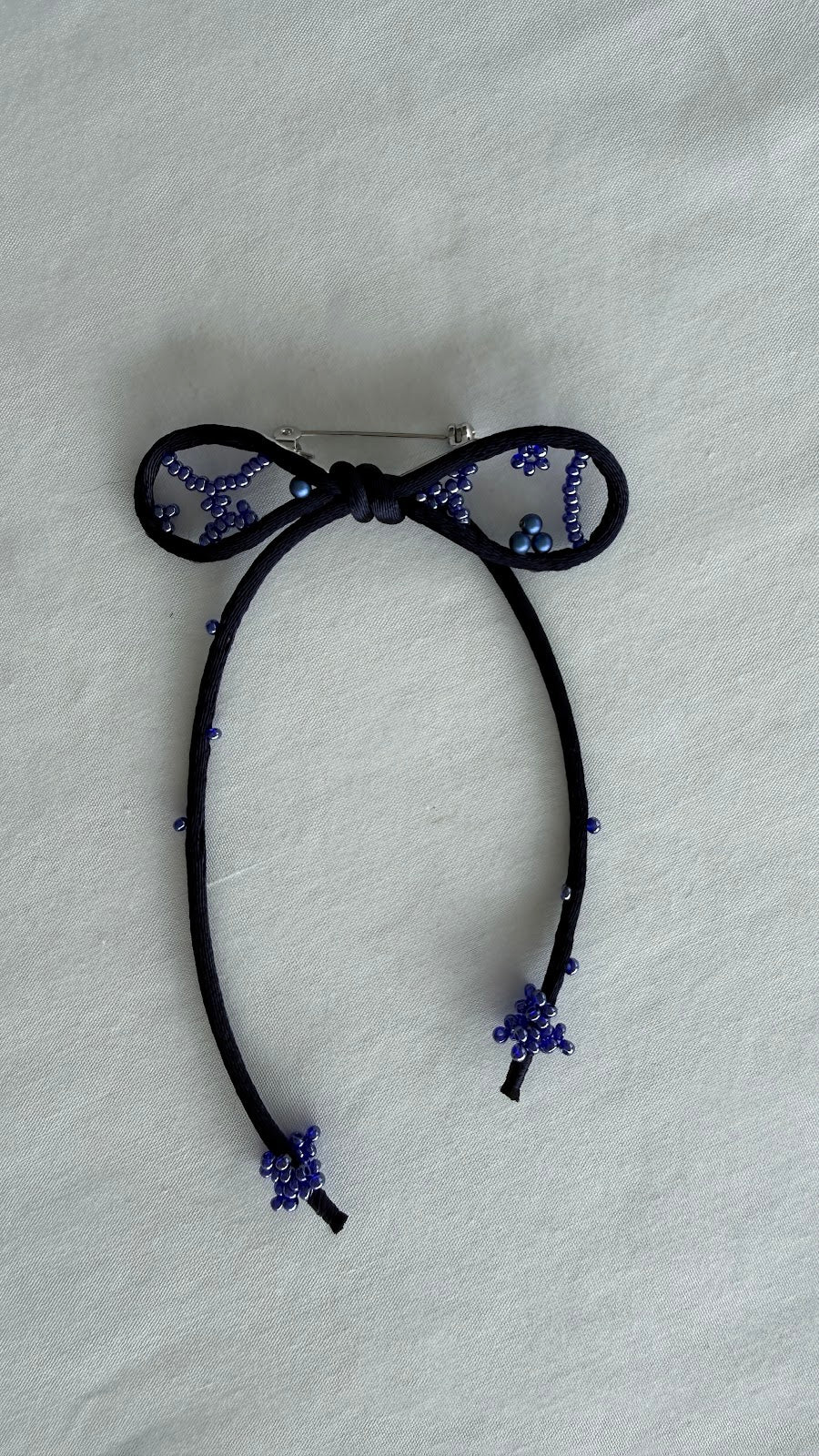 Navy Ribbon Brooch with Beads, Statement Bow Pin for Jacket or Dress, Handmade Japanese Jewelry 【Kawaguchi Navy】