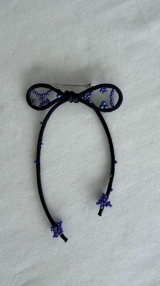 Navy Ribbon Brooch with Beads, Statement Bow Pin for Jacket or Dress, Handmade Japanese Jewelry 【Kawaguchi Navy】
