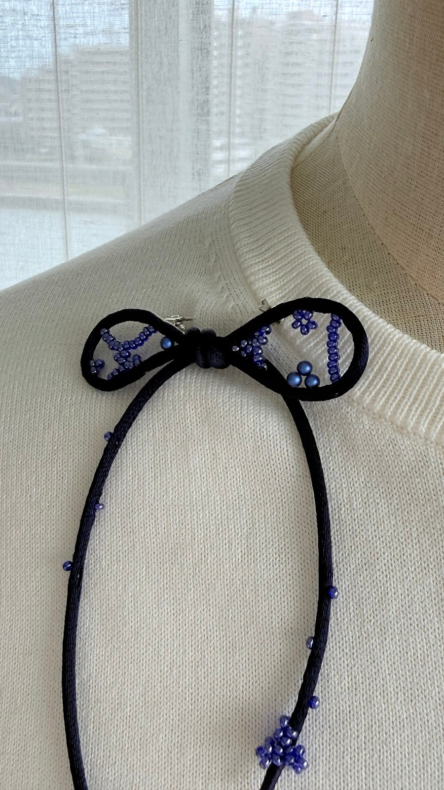Navy Ribbon Brooch with Beads, Statement Bow Pin for Jacket or Dress, Handmade Japanese Jewelry 【Kawaguchi Navy】