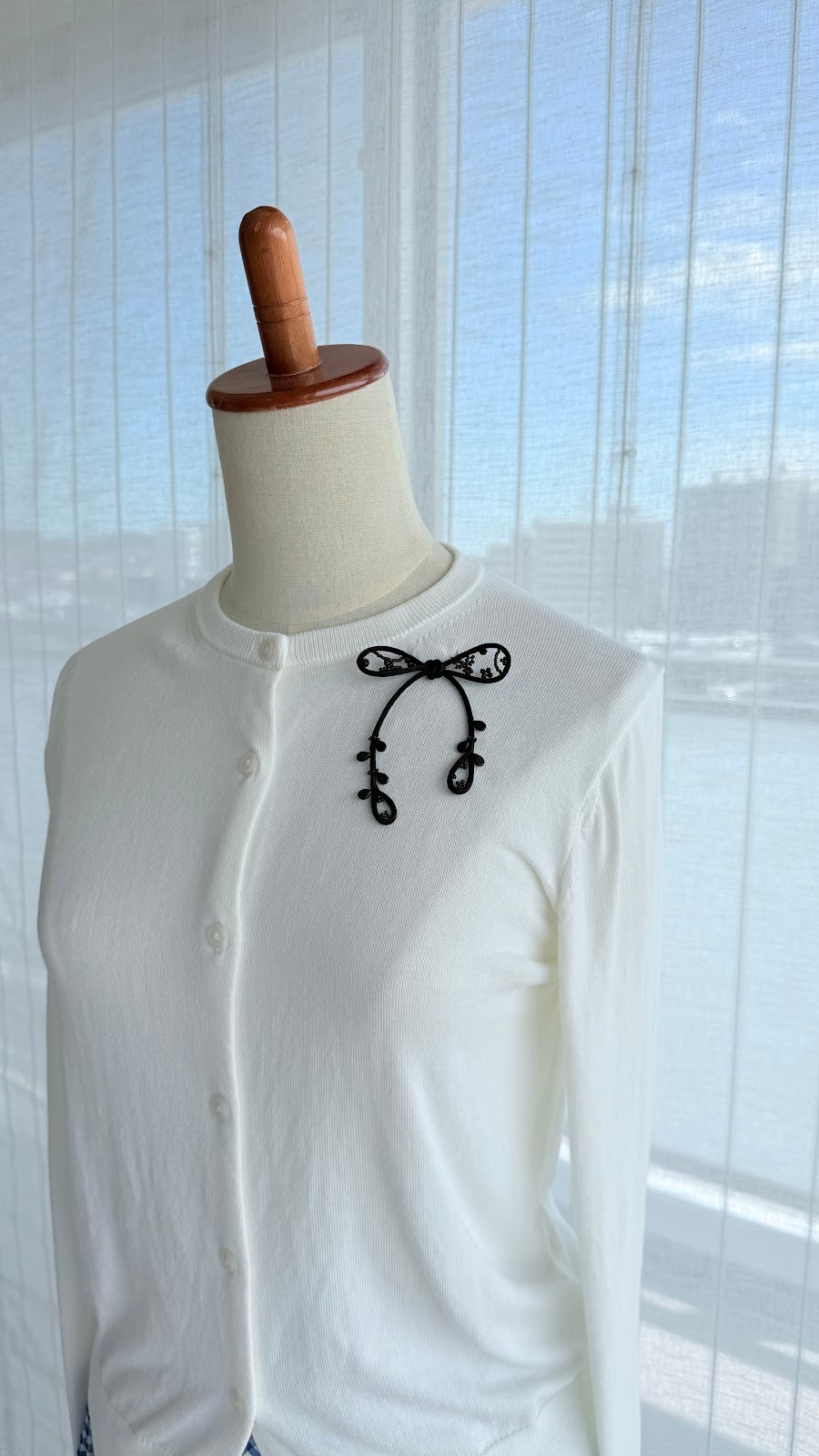 Black Ribbon Brooch with Beads, Statement Bow Pin for Jacket or Dress, Handmade Japanese Jewelry 【Watanabe Black】
