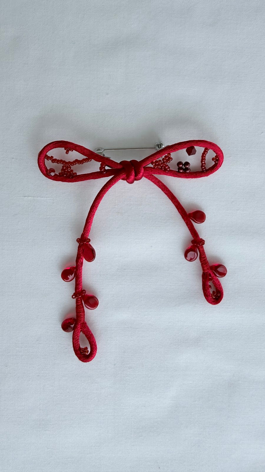 Red Ribbon Brooch with Beads, Statement Bow Pin for Jacket or Dress, Handmade Japanese Jewelry 【Ueda Red】