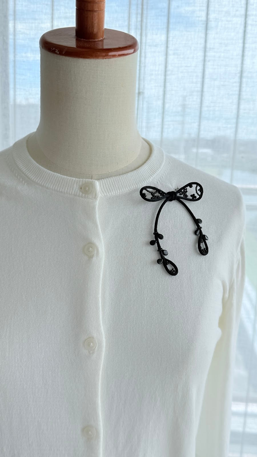 Black Ribbon Brooch with Beads, Statement Bow Pin for Jacket or Dress, Handmade Japanese Jewelry 【Watanabe Black】