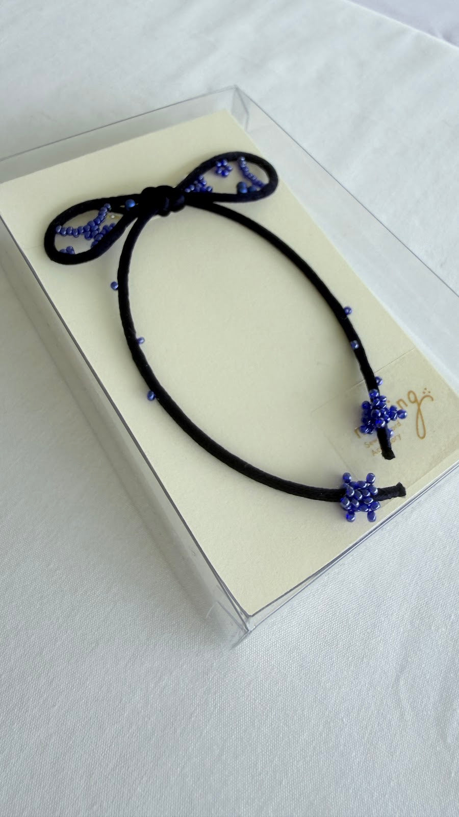Navy Ribbon Brooch with Beads, Statement Bow Pin for Jacket or Dress, Handmade Japanese Jewelry 【Kawaguchi Navy】