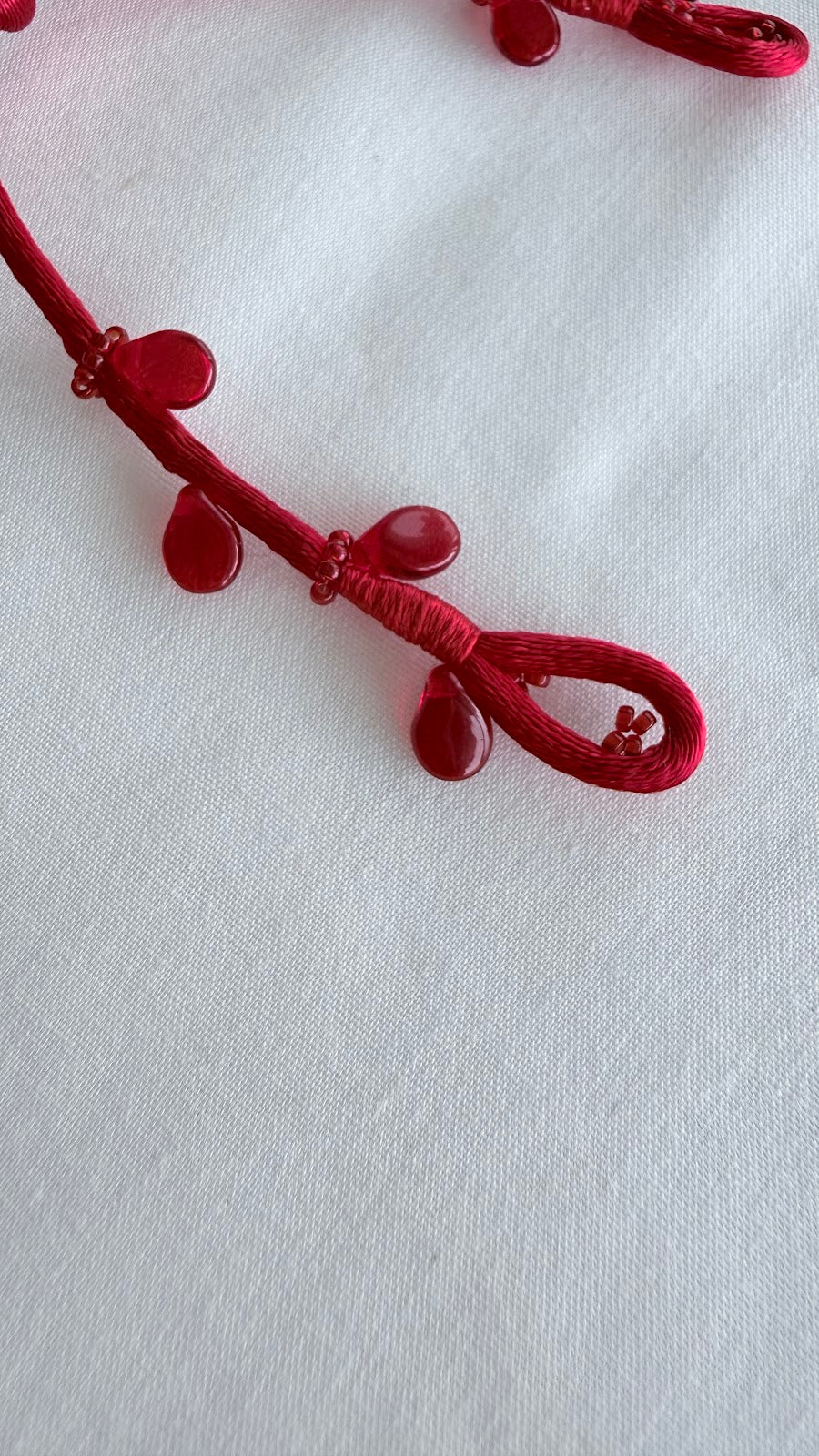 Red Ribbon Brooch with Beads, Statement Bow Pin for Jacket or Dress, Handmade Japanese Jewelry 【Ueda Red】