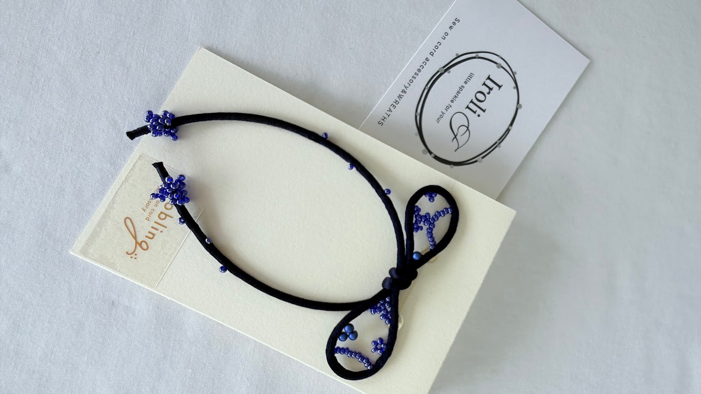 Navy Ribbon Brooch with Beads, Statement Bow Pin for Jacket or Dress, Handmade Japanese Jewelry 【Kawaguchi Navy】