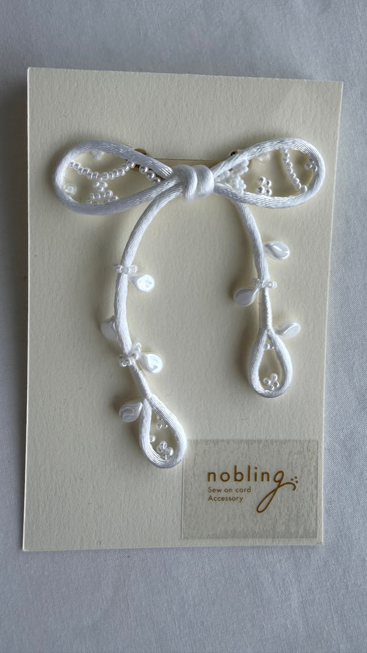 White Ribbon Brooch with Beads, Statement Bow Pin for Jacket or Dress, Handmade Japanese Jewelry 【Hishinuma White】