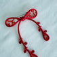 Red Ribbon Brooch with Beads, Statement Bow Pin for Jacket or Dress, Handmade Japanese Jewelry 【Doi Red】