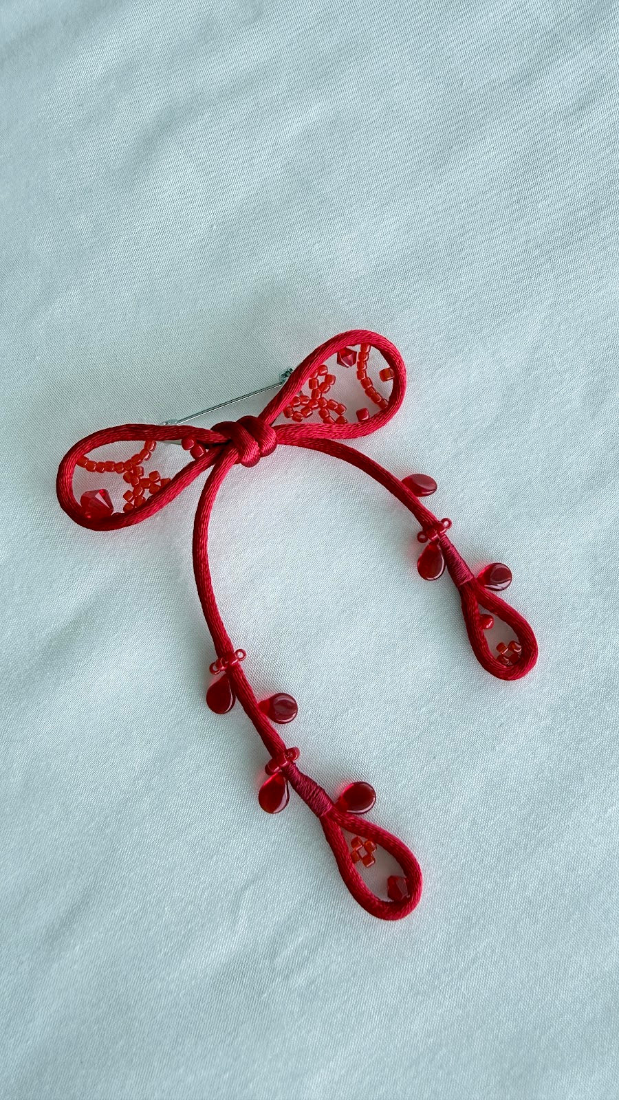 Red Ribbon Brooch with Beads, Statement Bow Pin for Jacket or Dress, Handmade Japanese Jewelry 【Doi Red】