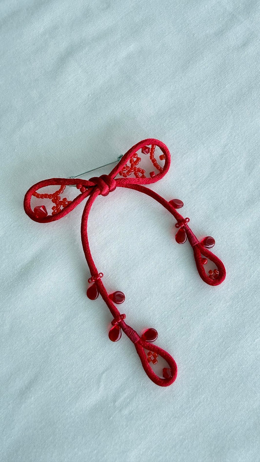 Red Ribbon Brooch with Beads, Statement Bow Pin for Jacket or Dress, Handmade Japanese Jewelry 【Doi Red】