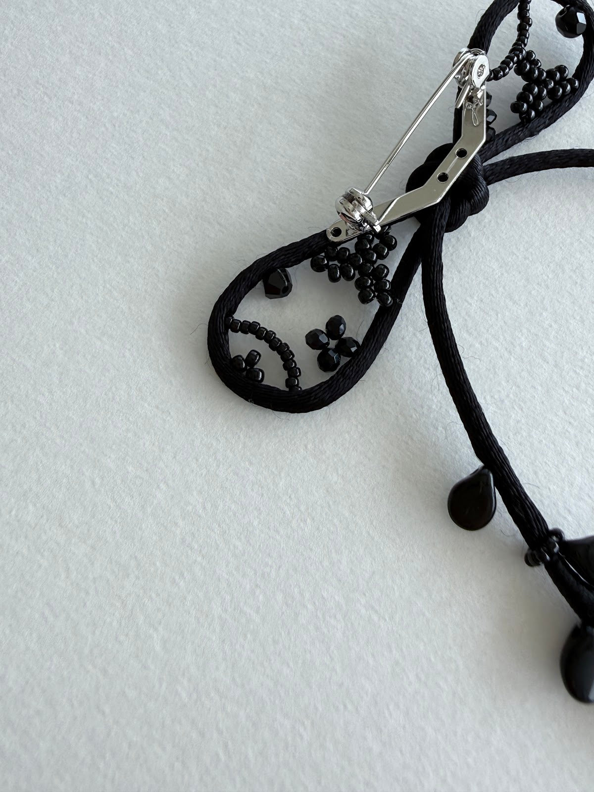 Black Ribbon Brooch with Beads, Statement Bow Pin for Jacket or Dress, Handmade Japanese Jewelry 【Watanabe Black】