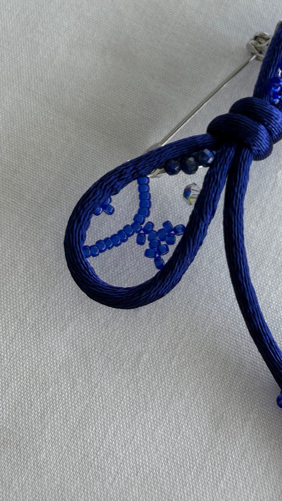 Royal Blue Ribbon Brooch with Beads, Statement Bow Pin for Jacket or Dress, Handmade Japanese Jewelry 【Matsusita Royal Blue】