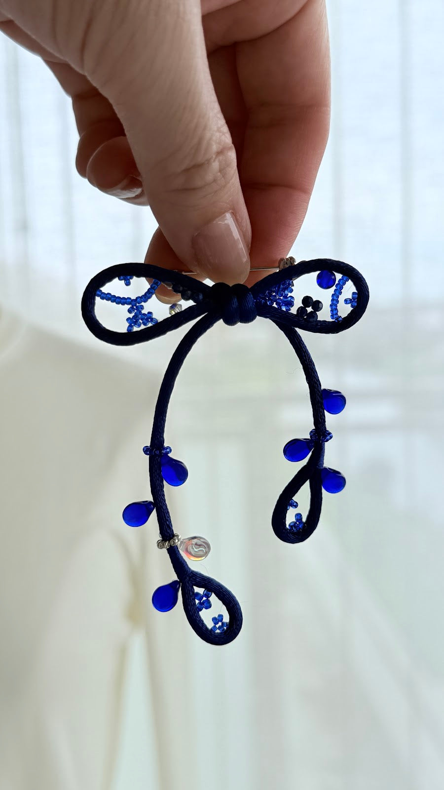 Royal Blue Ribbon Brooch with Beads, Statement Bow Pin for Jacket or Dress, Handmade Japanese Jewelry 【Matsusita Royal Blue】