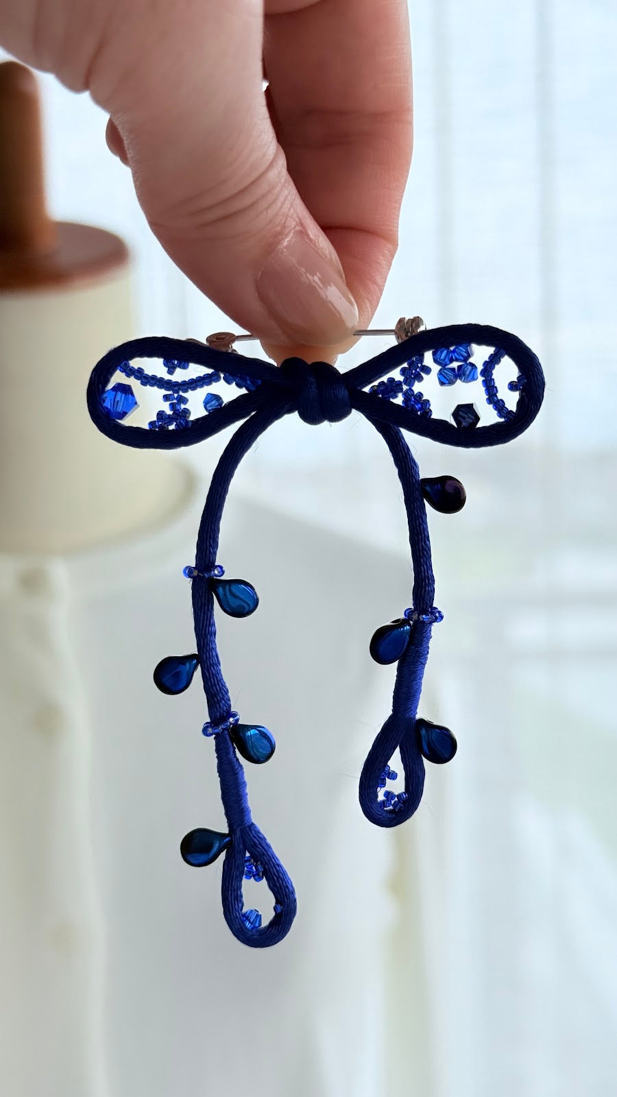 Royal Blue Ribbon Brooch with Beads, Statement Bow Pin for Jacket or Dress, Handmade Japanese Jewelry 【Hayata Royal Blue】