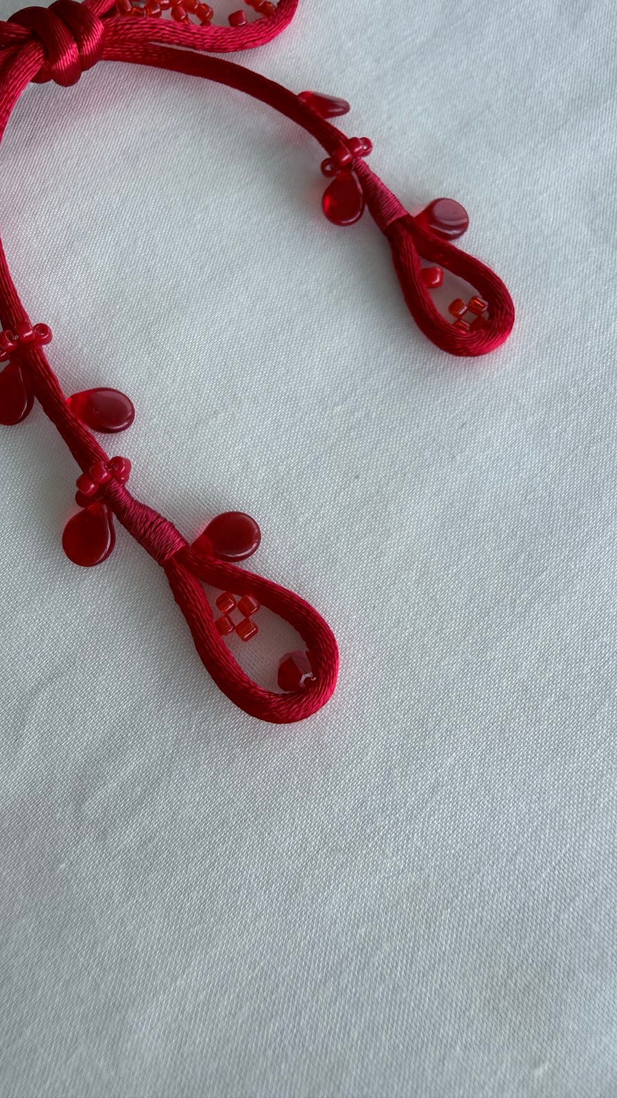 Red Ribbon Brooch with Beads, Statement Bow Pin for Jacket or Dress, Handmade Japanese Jewelry 【Doi Red】