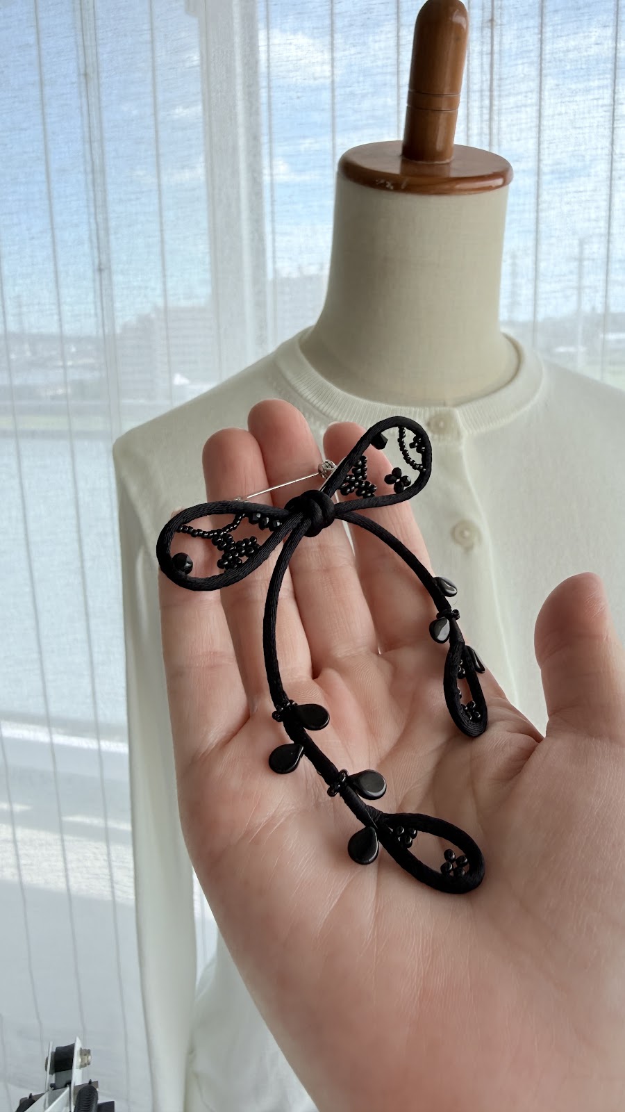 Black Ribbon Brooch with Beads, Statement Bow Pin for Jacket or Dress, Handmade Japanese Jewelry 【Watanabe Black】