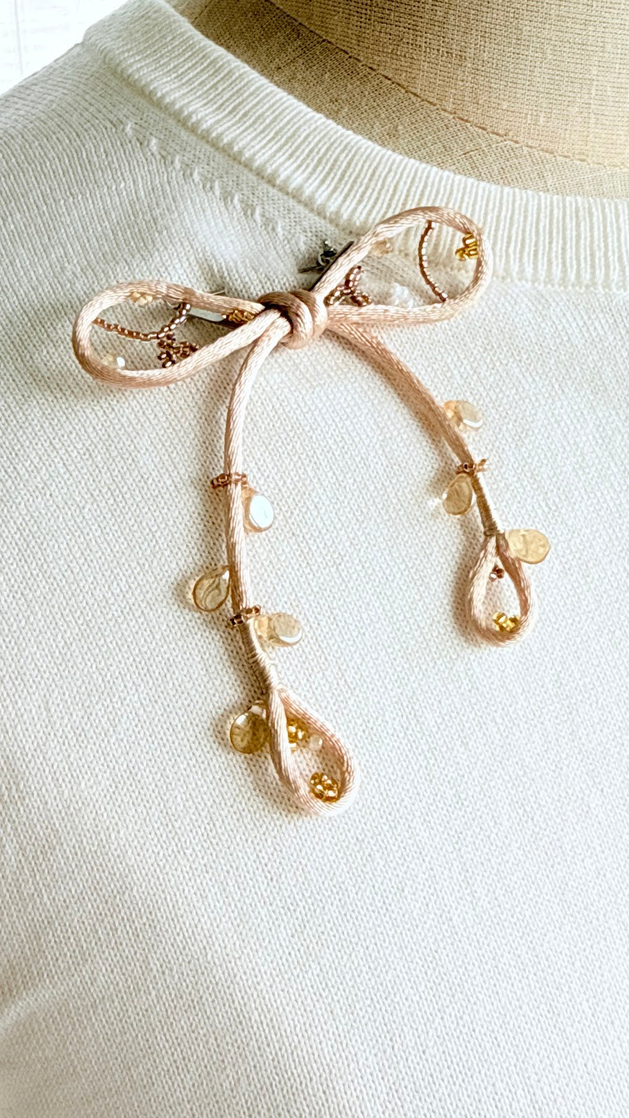 Ivory Ribbon Brooch with Beads, Statement Bow Pin for Jacket or Dress, Handmade Japanese Jewelry 【Hishinuma Ivory】