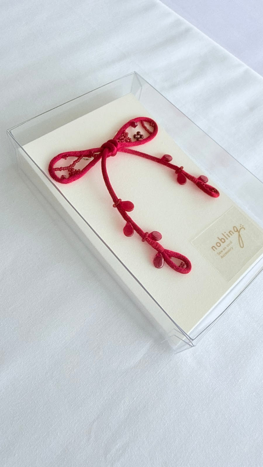 Red Ribbon Brooch with Beads, Statement Bow Pin for Jacket or Dress, Handmade Japanese Jewelry 【Ueda Red】