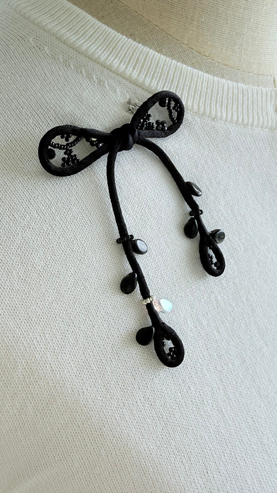 Black Ribbon Brooch with Beads, Statement Bow Pin for Jacket or Dress, Handmade Japanese Jewelry 【Matsusita Black】