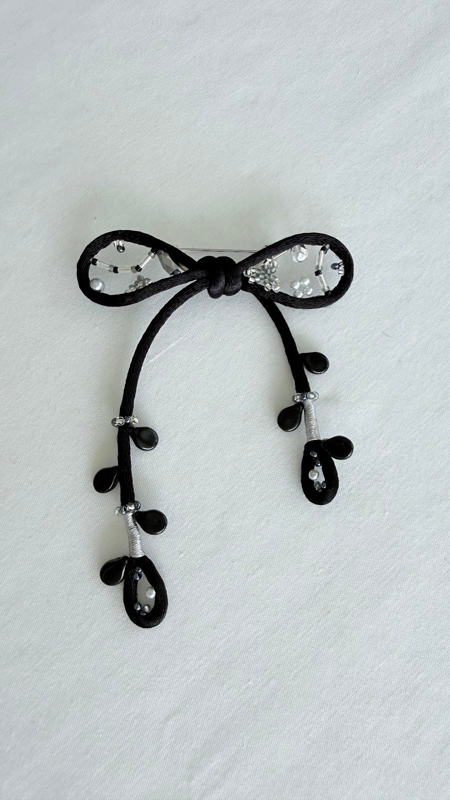 Black Ribbon Brooch with Beads, Statement Bow Pin for Jacket or Dress, Handmade Japanese Jewelry 【Oikawa Black】