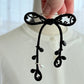 Black Ribbon Brooch with Beads, Statement Bow Pin for Jacket or Dress, Handmade Japanese Jewelry 【Matsusita Black】