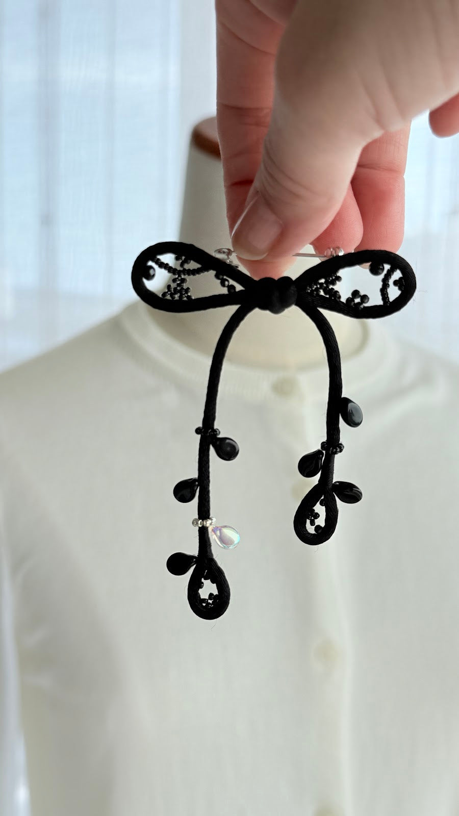 Black Ribbon Brooch with Beads, Statement Bow Pin for Jacket or Dress, Handmade Japanese Jewelry 【Matsusita Black】