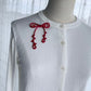 Red Ribbon Brooch with Beads, Statement Bow Pin for Jacket or Dress, Handmade Japanese Jewelry 【Doi Red】