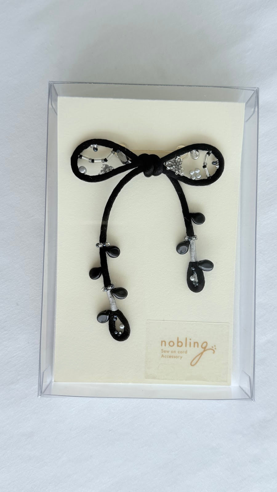 Black Ribbon Brooch with Beads, Statement Bow Pin for Jacket or Dress, Handmade Japanese Jewelry 【Oikawa Black】