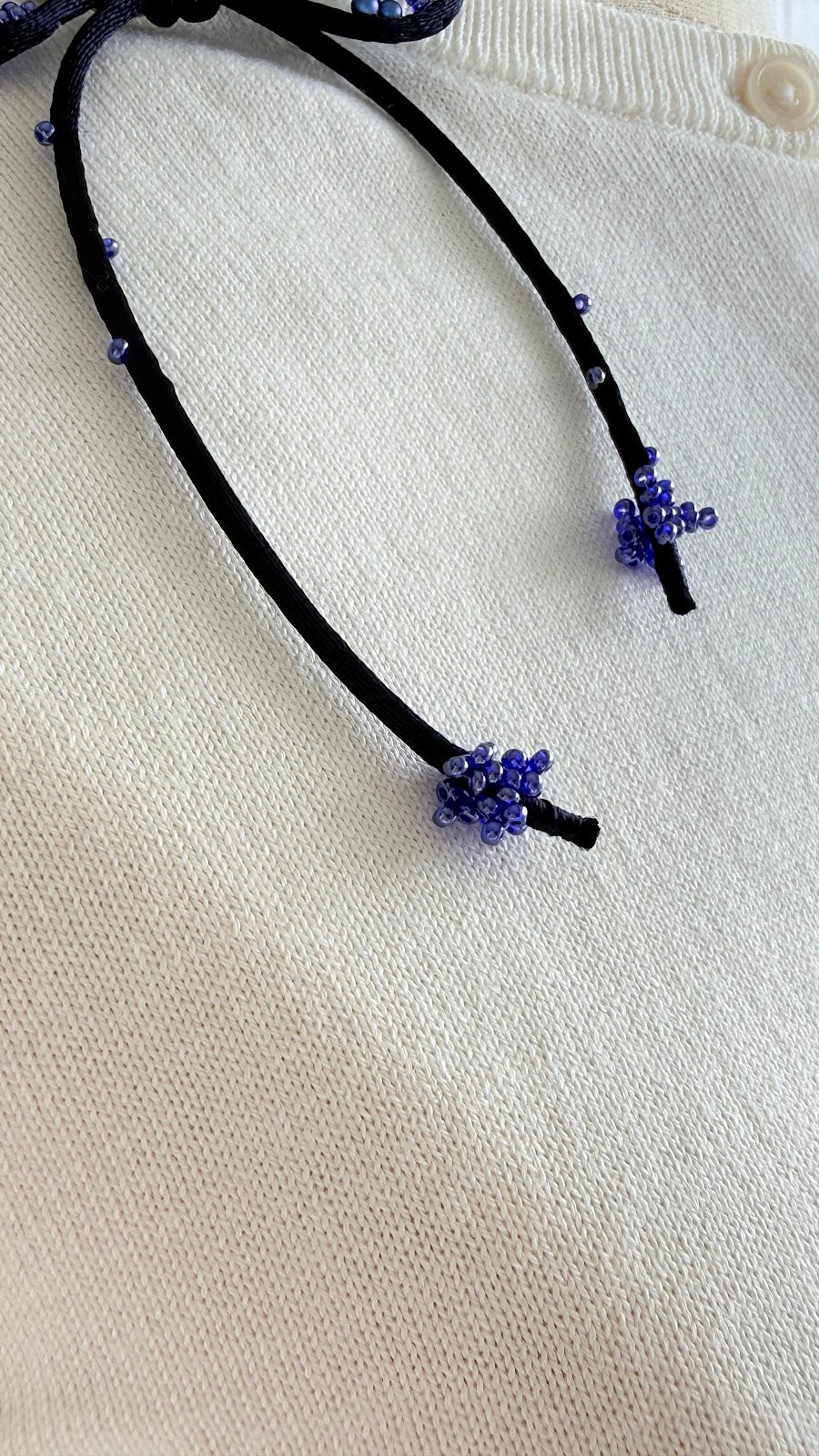 Navy Ribbon Brooch with Beads, Statement Bow Pin for Jacket or Dress, Handmade Japanese Jewelry 【Kawaguchi Navy】