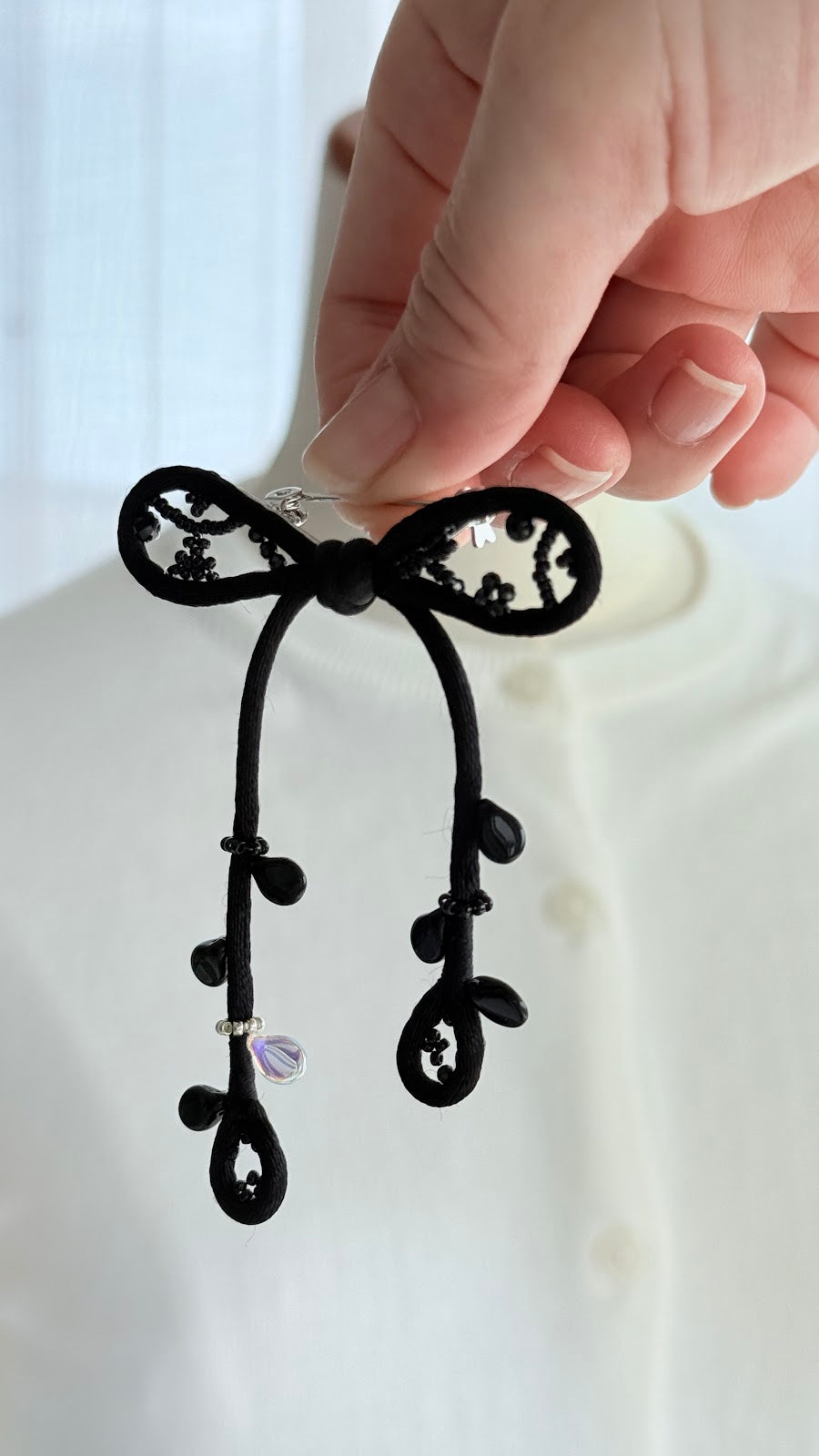 Black Ribbon Brooch with Beads, Statement Bow Pin for Jacket or Dress, Handmade Japanese Jewelry 【Matsusita Black】