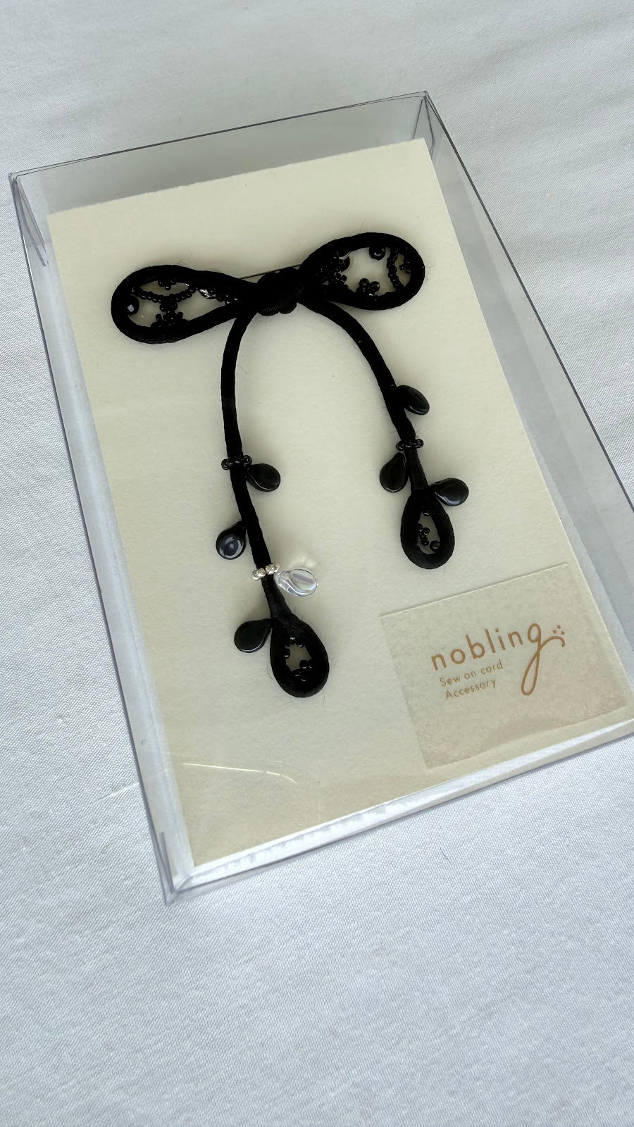 Black Ribbon Brooch with Beads, Statement Bow Pin for Jacket or Dress, Handmade Japanese Jewelry 【Matsusita Black】