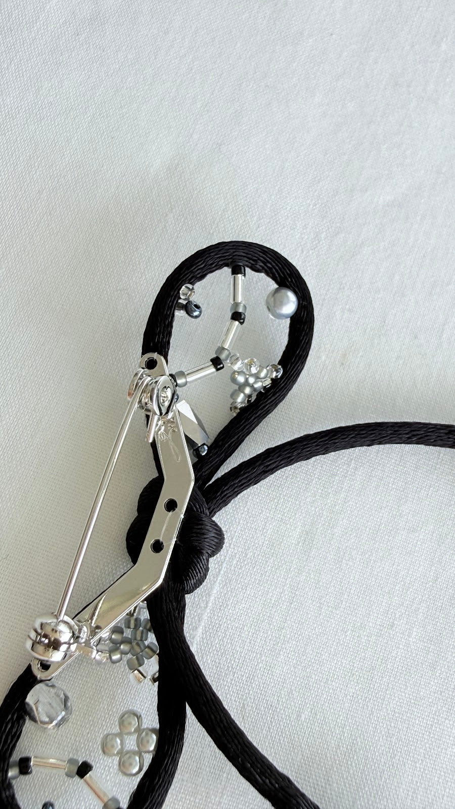 Black Ribbon Brooch with Beads, Statement Bow Pin for Jacket or Dress, Handmade Japanese Jewelry 【Oikawa Black】