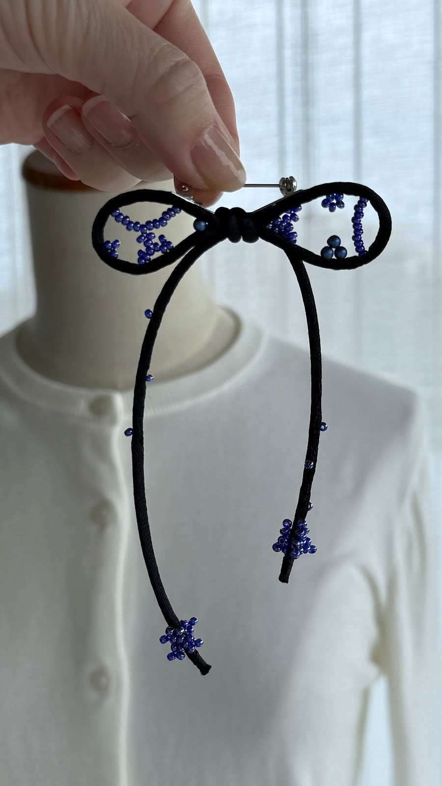 Navy Ribbon Brooch with Beads, Statement Bow Pin for Jacket or Dress, Handmade Japanese Jewelry 【Kawaguchi Navy】