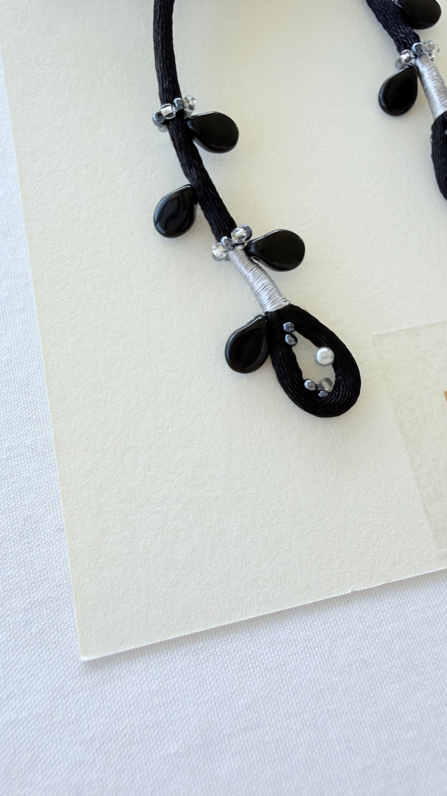 One-of-a-Kind Black Ribbon Brooch, Original Sew on Cord Design, Handmade Beaded Statement Pin, Japanese Artisan Jewelry, Gift for Her