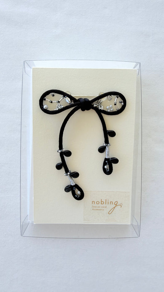 One-of-a-Kind Black Ribbon Brooch, Original Sew on Cord Design, Handmade Beaded Statement Pin, Japanese Artisan Jewelry, Gift for Her