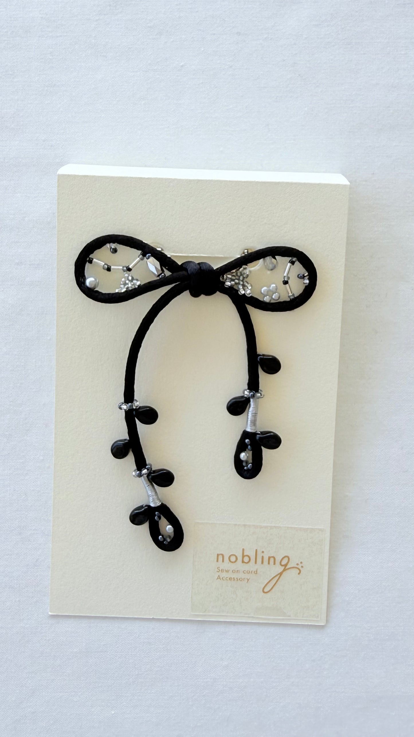 One-of-a-Kind Black Ribbon Brooch, Original Sew on Cord Design, Handmade Beaded Statement Pin, Japanese Artisan Jewelry, Gift for Her
