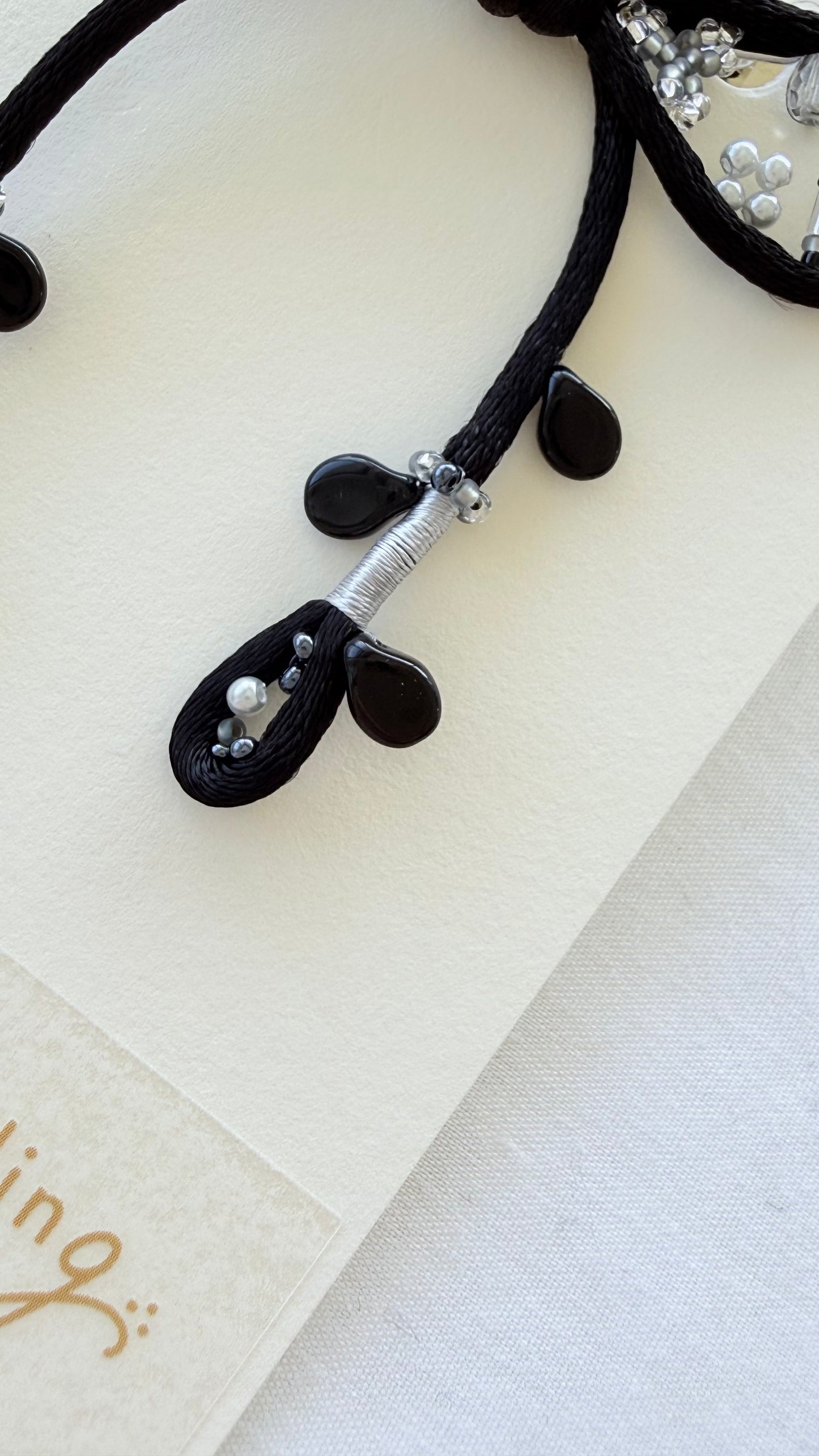 One-of-a-Kind Black Ribbon Brooch, Original Sew on Cord Design, Handmade Beaded Statement Pin, Japanese Artisan Jewelry, Gift for Her