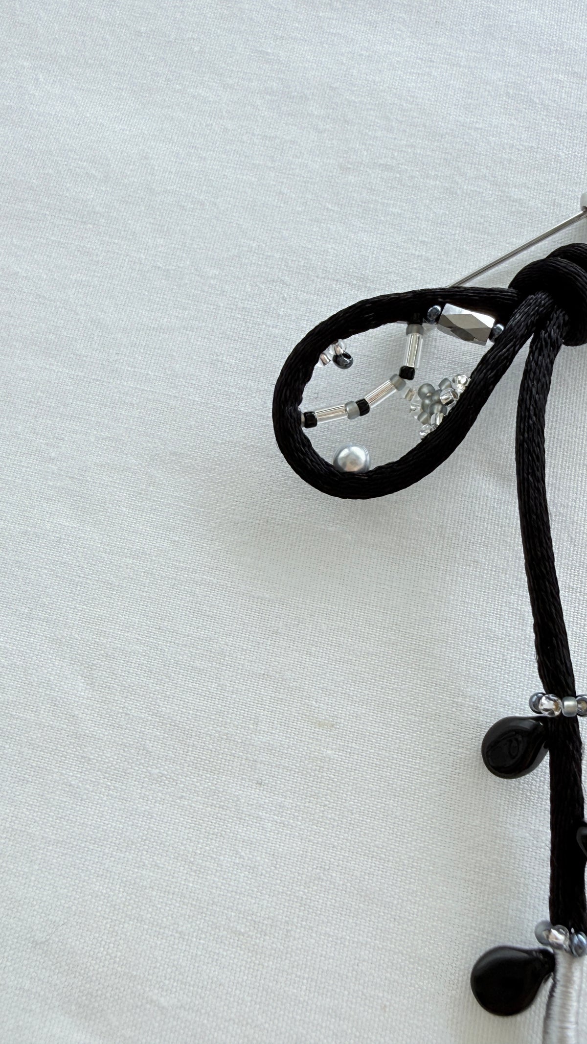 Black Ribbon Brooch with Beads, Statement Bow Pin for Jacket or Dress, Handmade Japanese Jewelry 【Oikawa Black】