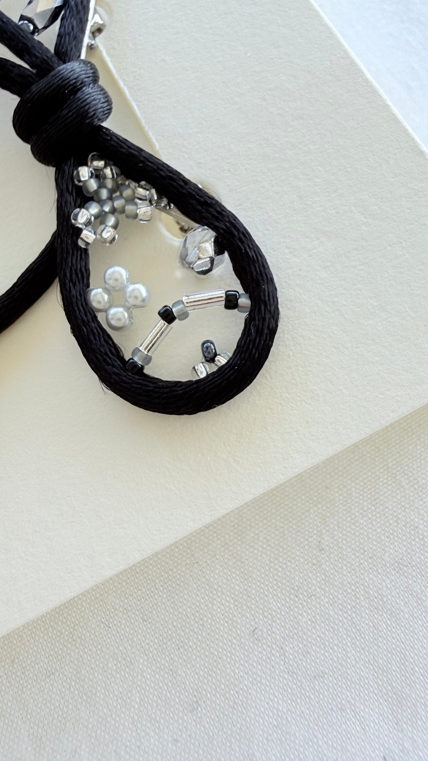 One-of-a-Kind Black Ribbon Brooch, Original Sew on Cord Design, Handmade Beaded Statement Pin, Japanese Artisan Jewelry, Gift for Her
